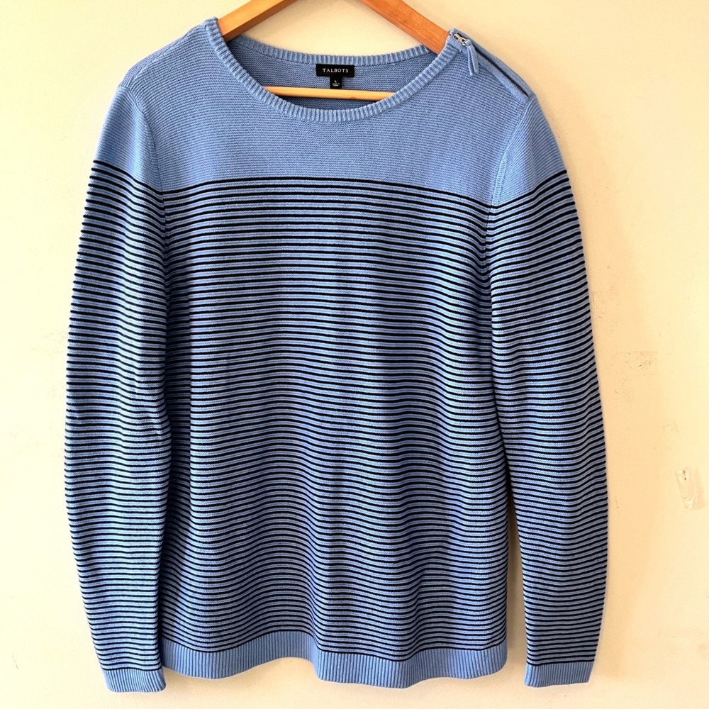Talbots Striped Knit Sweater Nautical Blue Large L Zipper Shoulder Cashmere